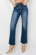 Risen Jeans cropped flare ankle button fly dark wash jeans