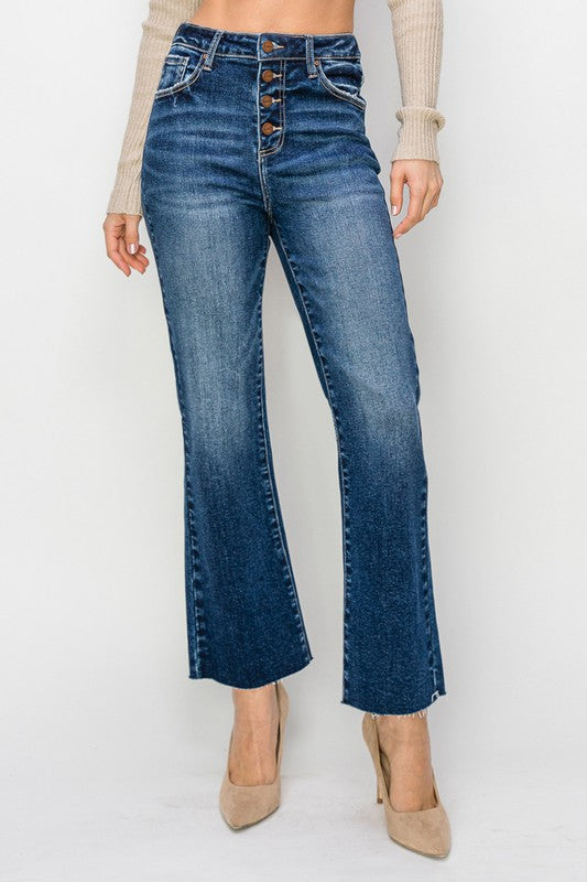 Risen Jeans cropped flare ankle button fly dark wash jeans