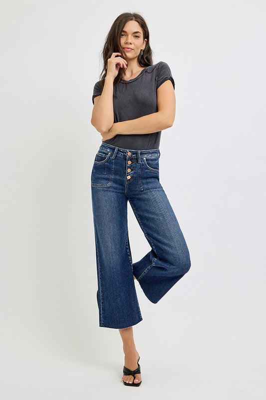 Risen Jeans dark washed denim button fly wide leg cropped jeans