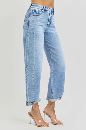 Risen Jeans medium washed blue denim barrel jeans with no rips