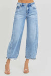 Risen Jeans medium washed blue denim barrel jeans with no rips