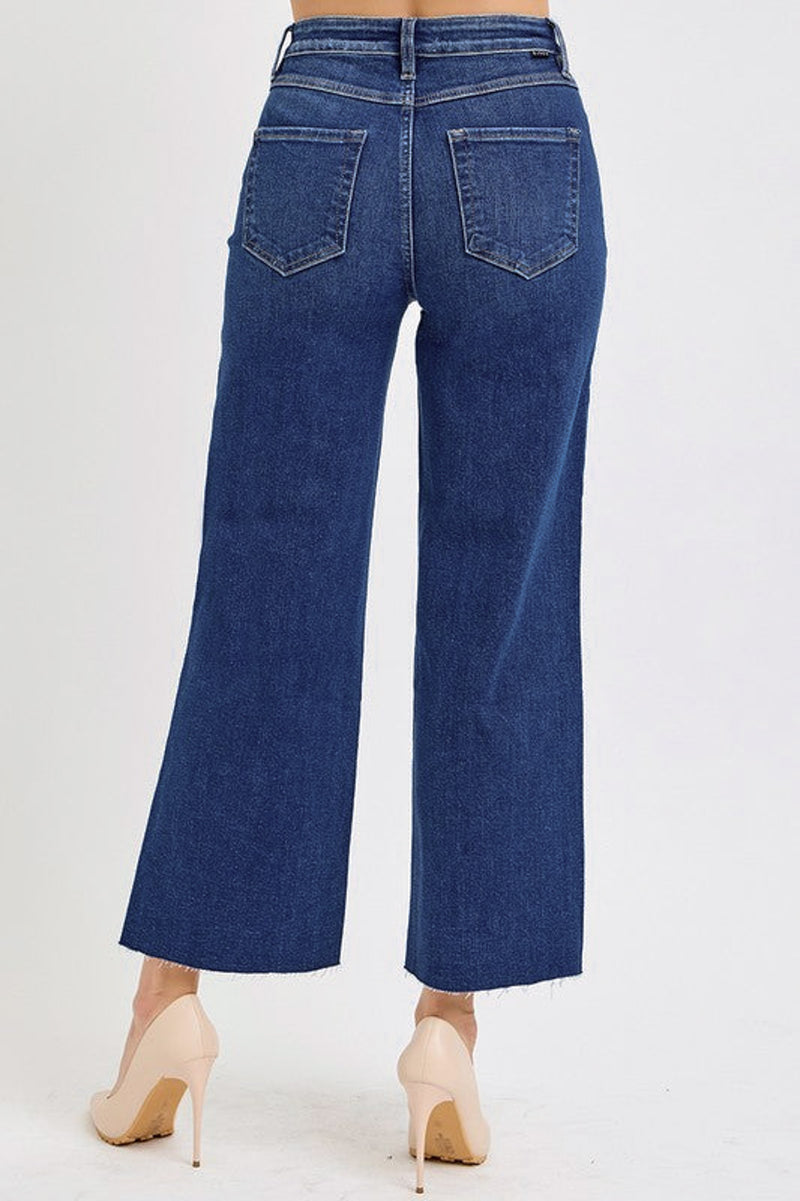 risen tummy control dark wide leg jeans