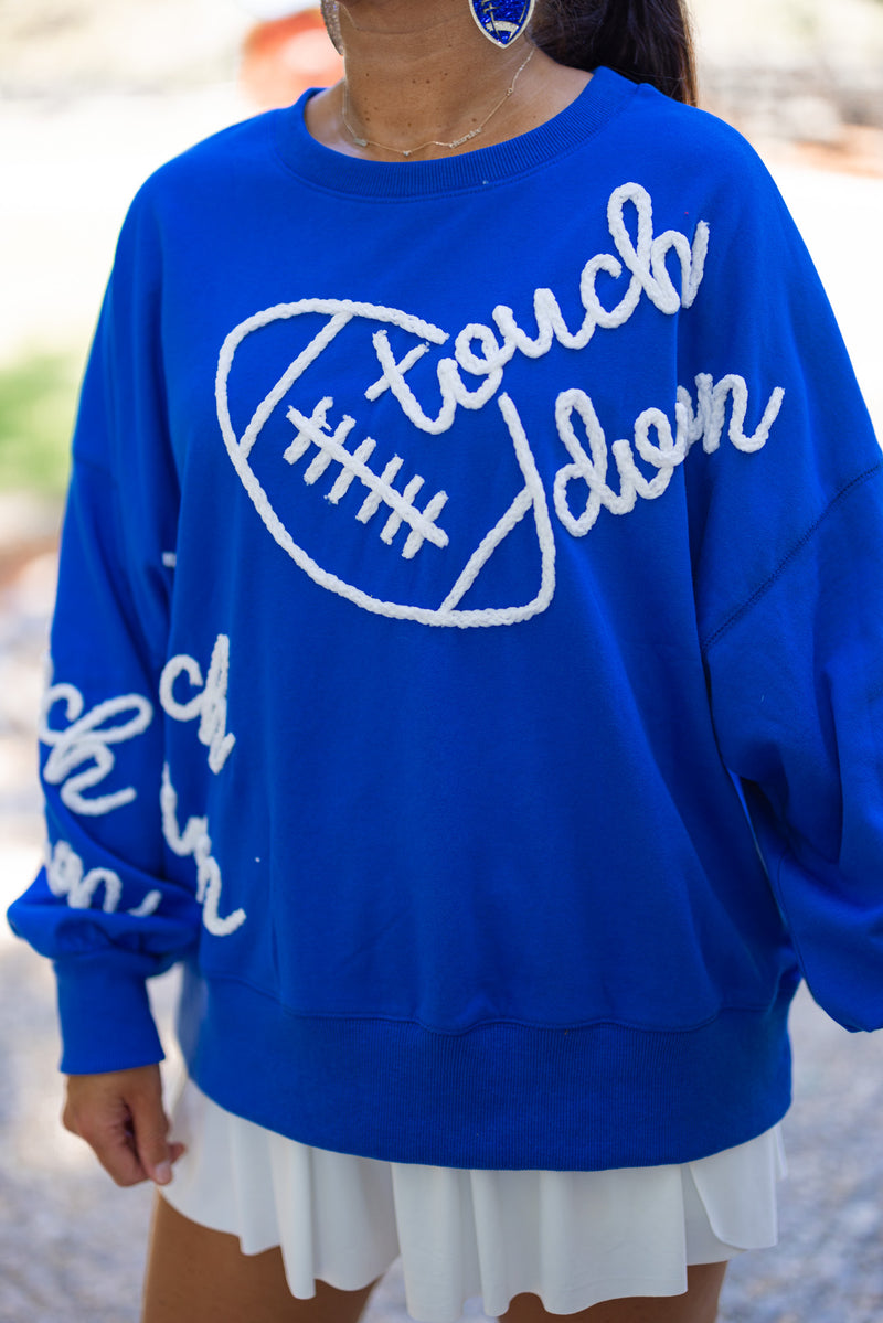 blue touchdown embroidered pullover