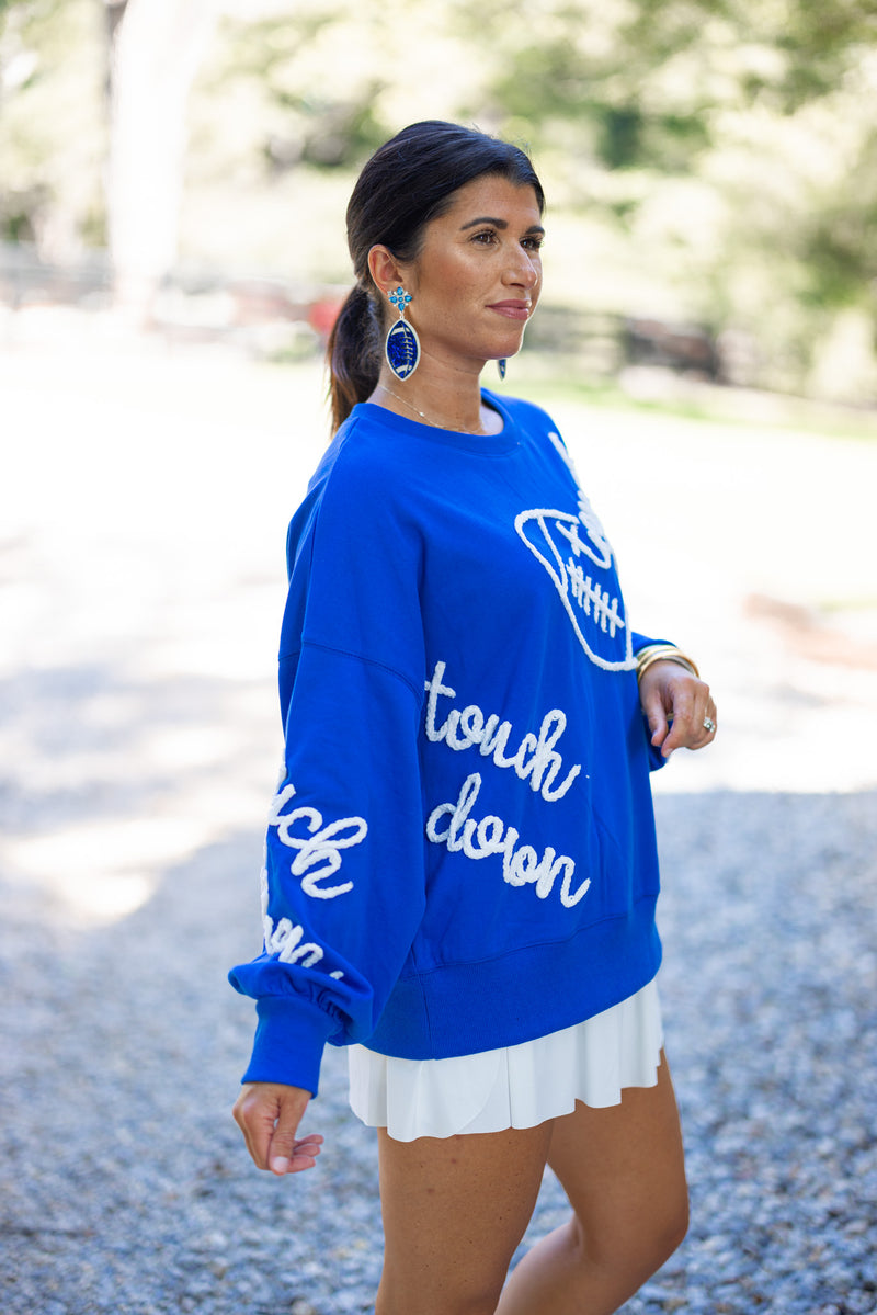 blue touchdown embroidered pullover