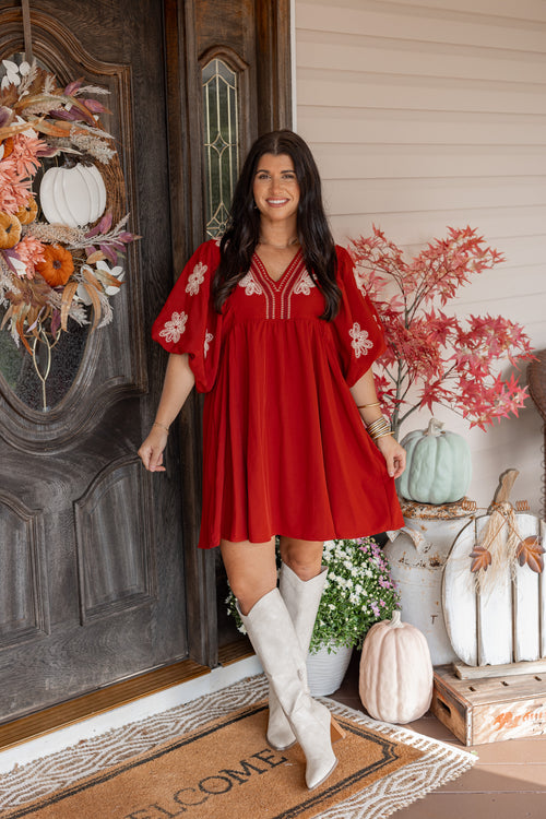 rust embroidered babydoll fall dress