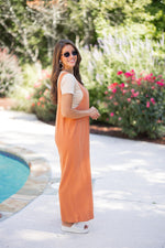 rust linen wide leg jumpsuit