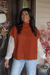 rust brown mock neck short sleeve sweater