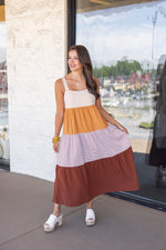 rust mustard striped tiered midi dress