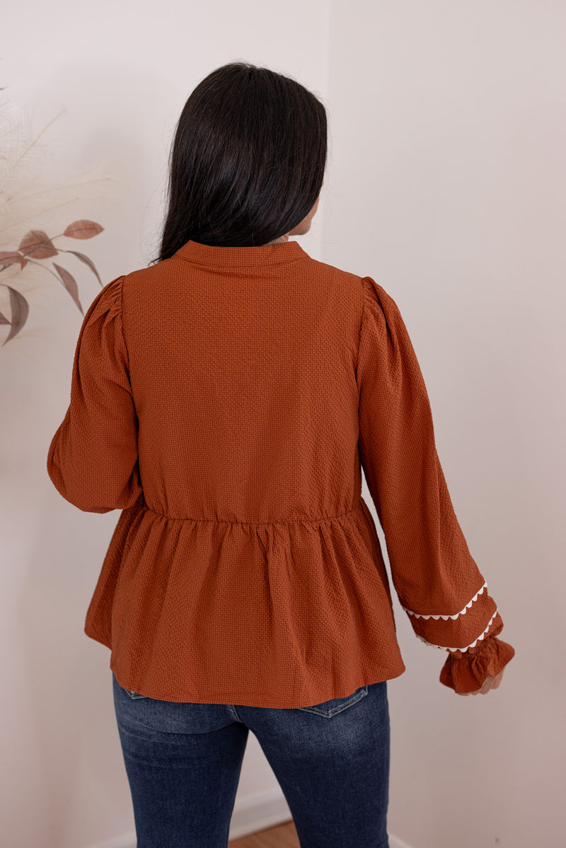 rust scalloped trim babydoll top