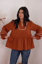 rust scalloped trim babydoll top