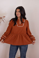 rust scalloped trim babydoll top