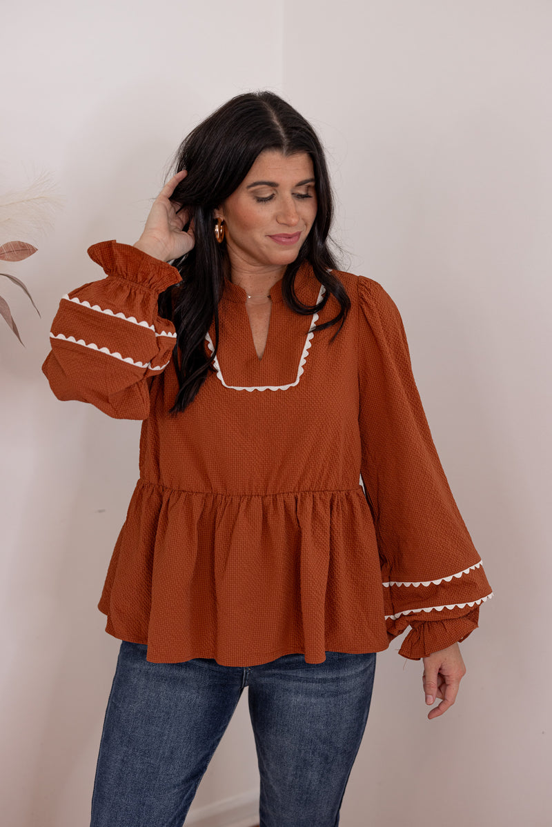 rust scalloped trim babydoll top