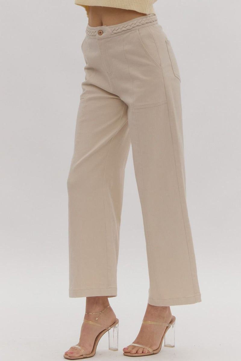 Entro Cropped wide leg denim pants with braided detail at waist in sand