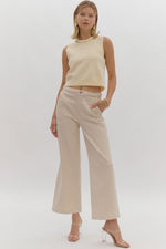 Entro Cropped wide leg denim pants with braided detail at waist in sand