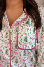 satin pink green Christmas tree velvet bow pajama set