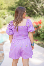 smocked floral lavender romper