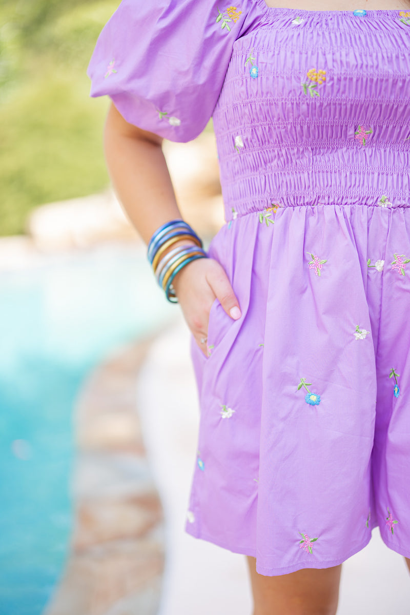 smocked floral lavender romper