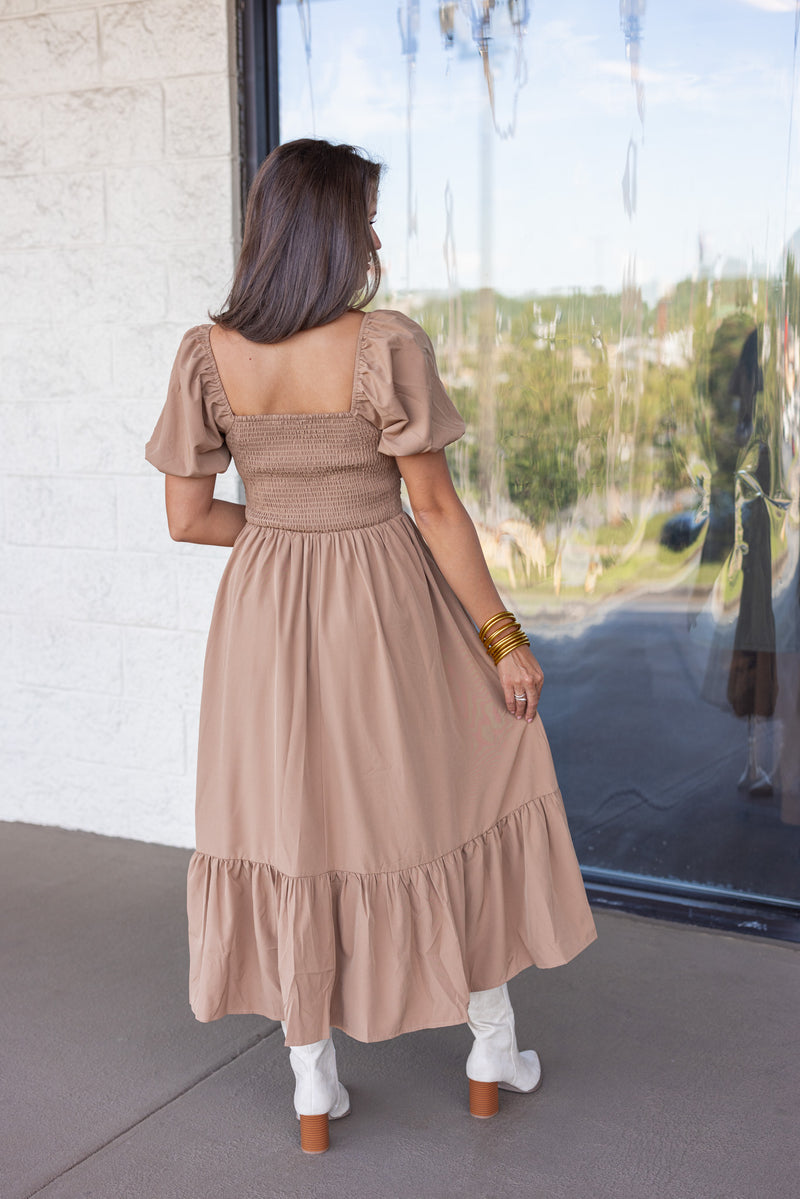 mocha puff sleeve midi dress