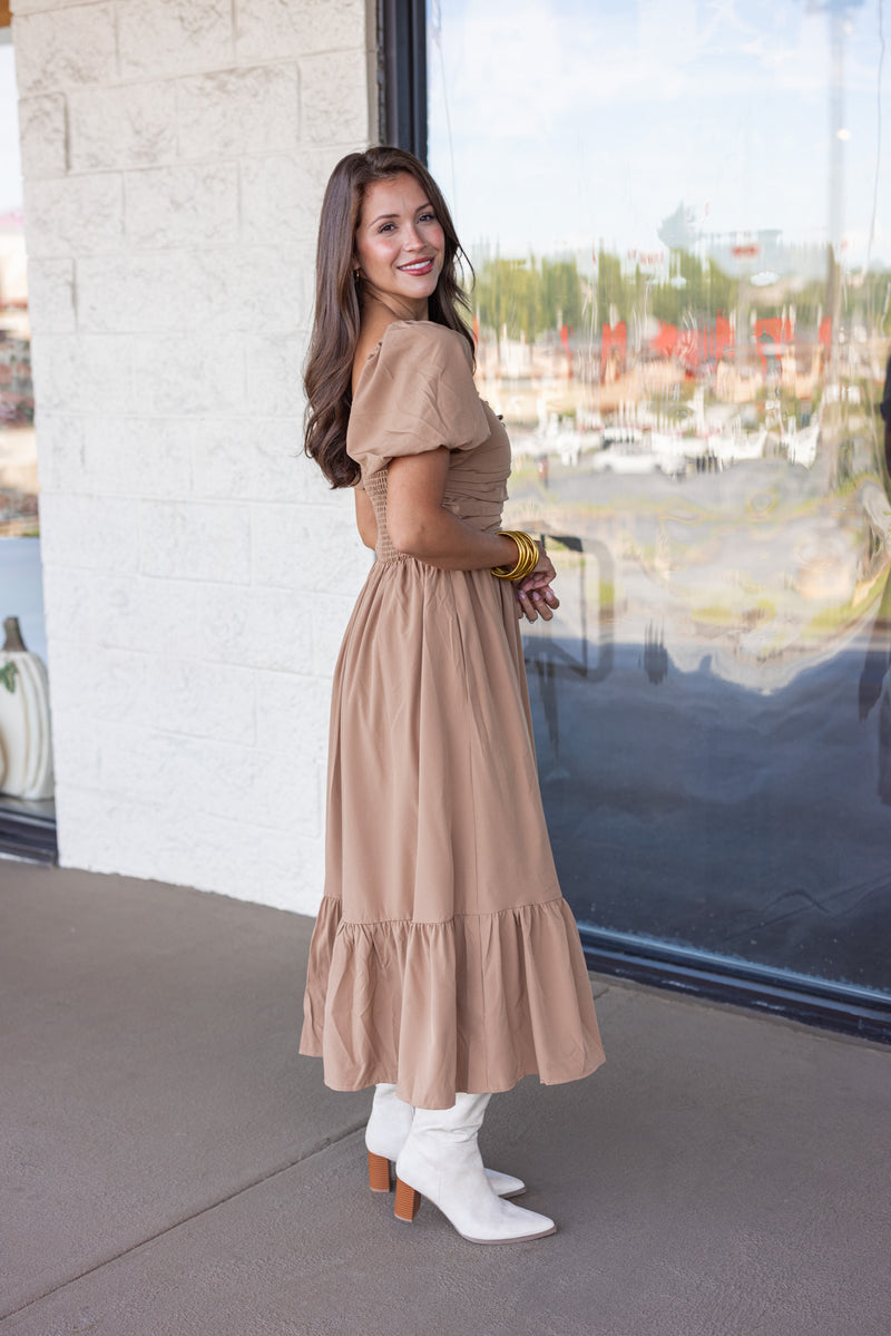 mocha puff sleeve midi dress