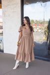 mocha puff sleeve midi dress