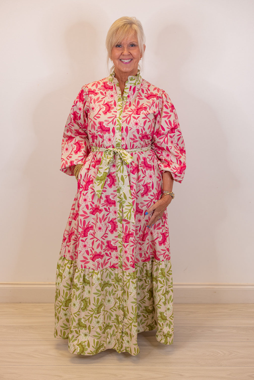 pink green floral resort maxi dress