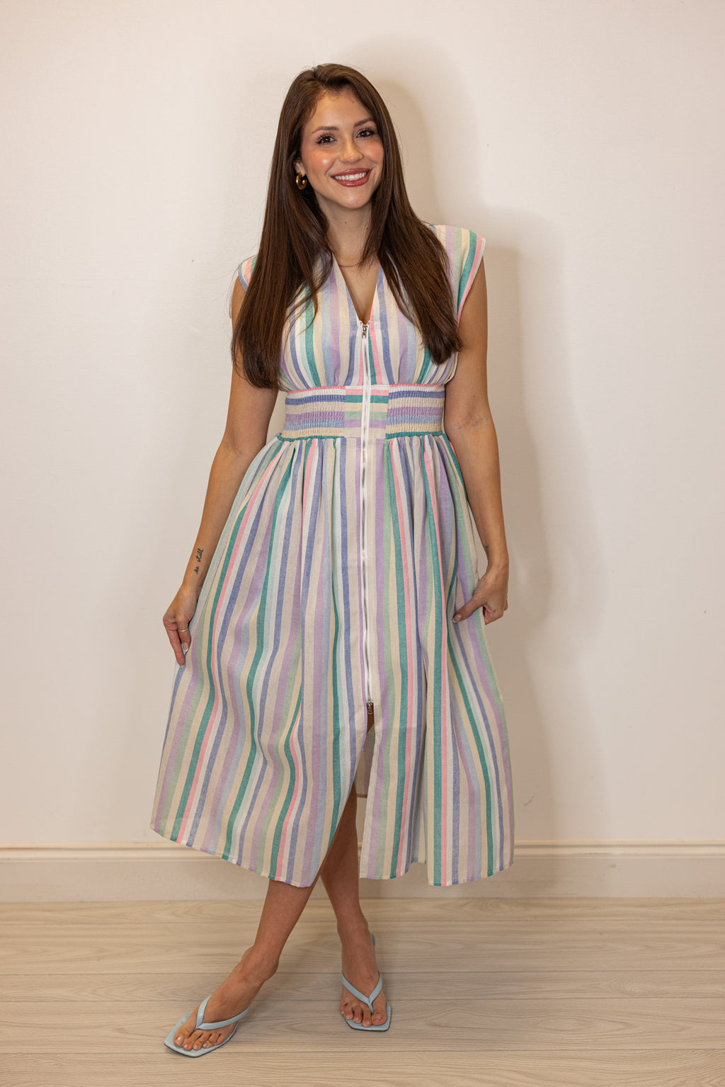 pastel multi stripe zip front midi dress