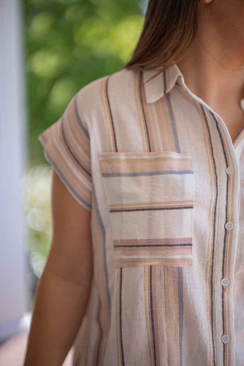 striped linen button down gauze top