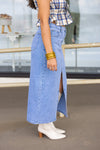 front slit denim midi skirt