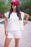 textured white matching shorts set