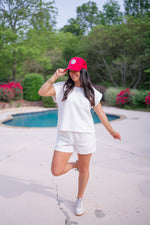 textured white matching shorts set