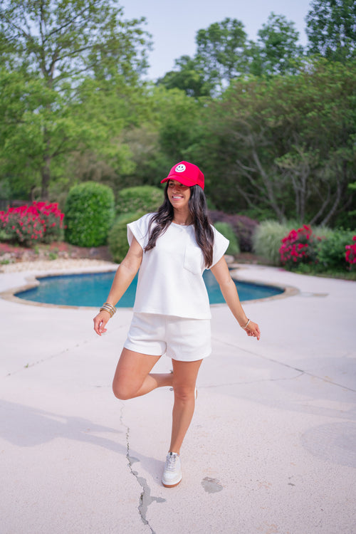 textured white matching shorts set