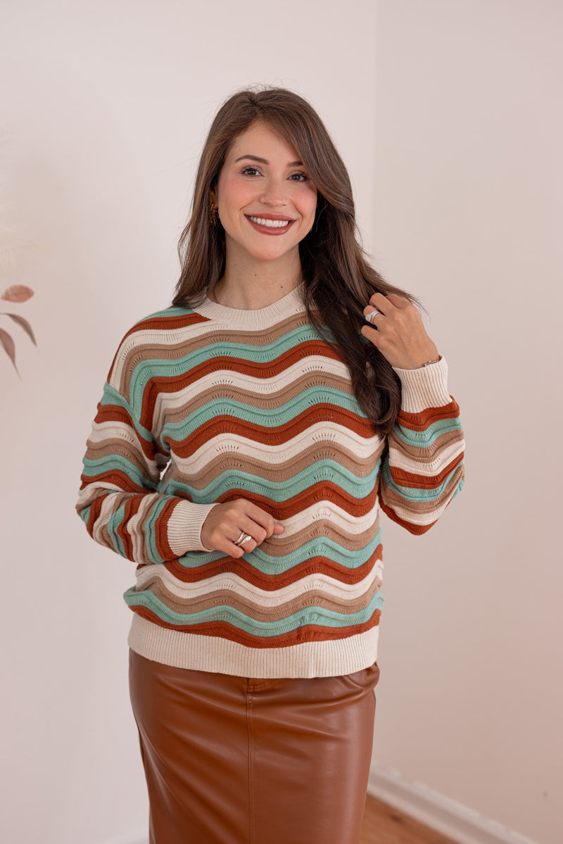 rust striped crewneck sweater