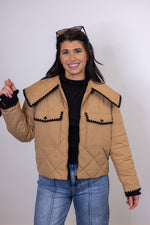 tan black ric rac trim quilted jacket