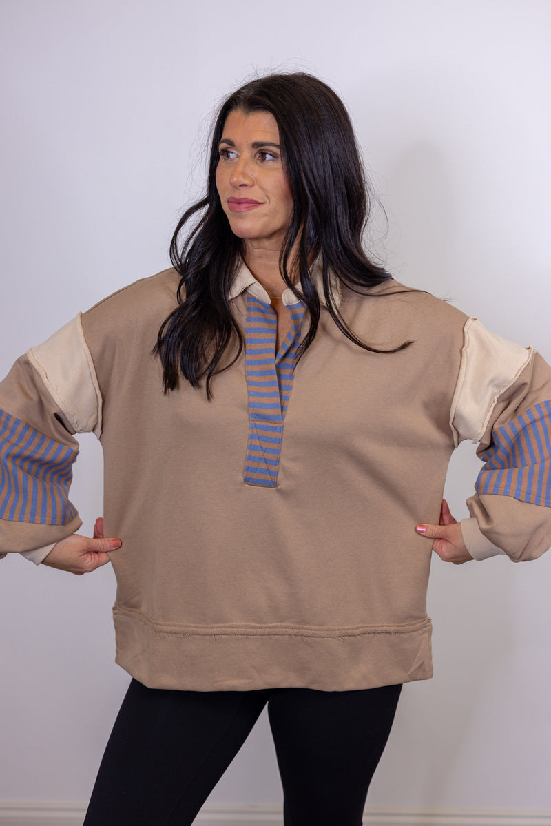 tan blue stripe collared pullover top