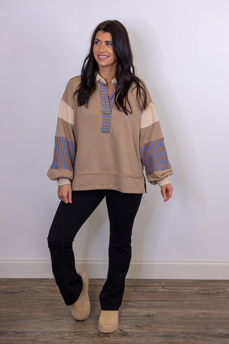 tan blue stripe collared pullover top