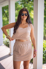 taupe skort cropped tank casual set