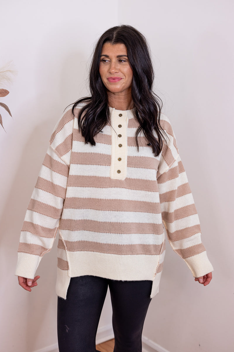 taupe cream striped sweater