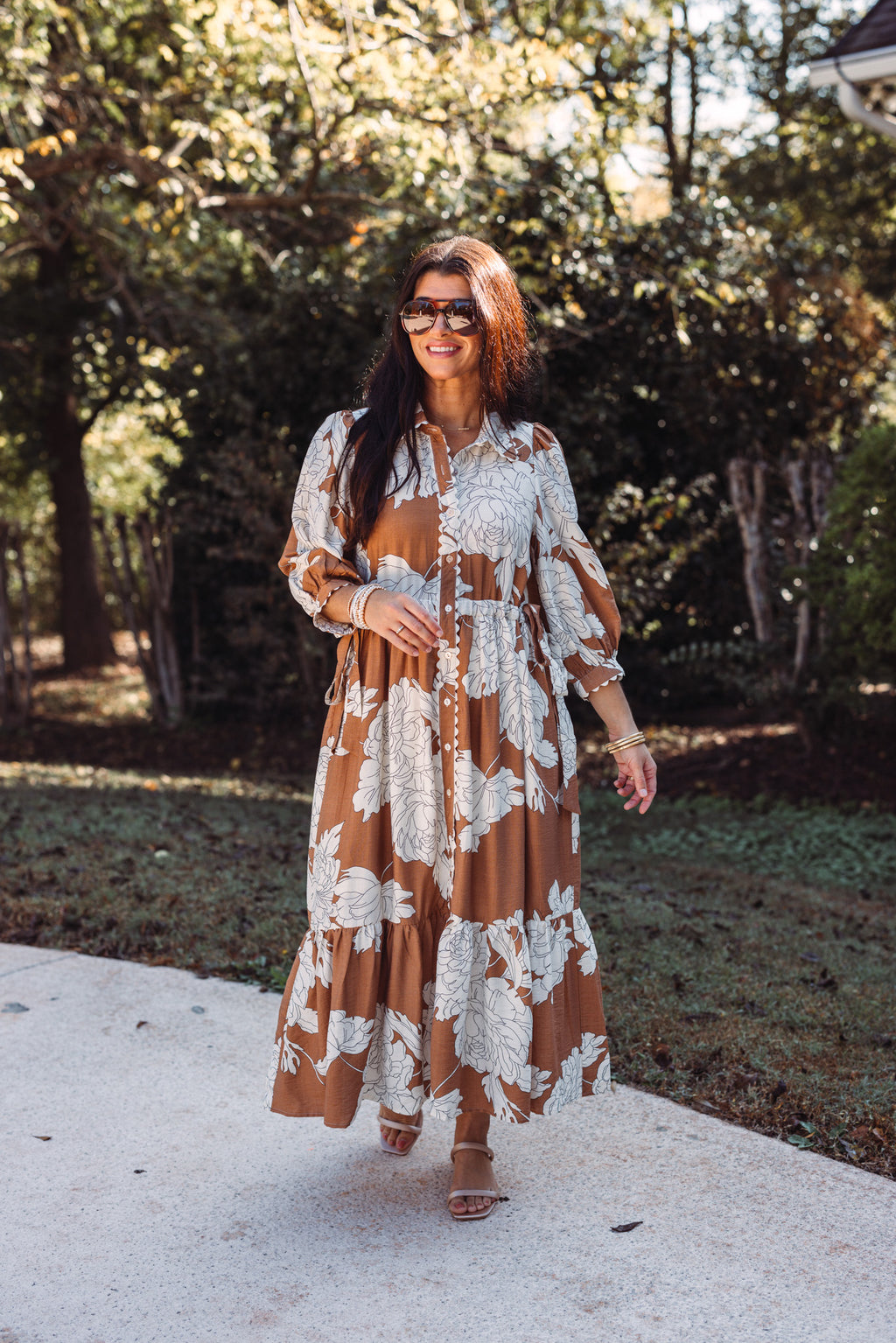 entro caramel ivory floral midi dress