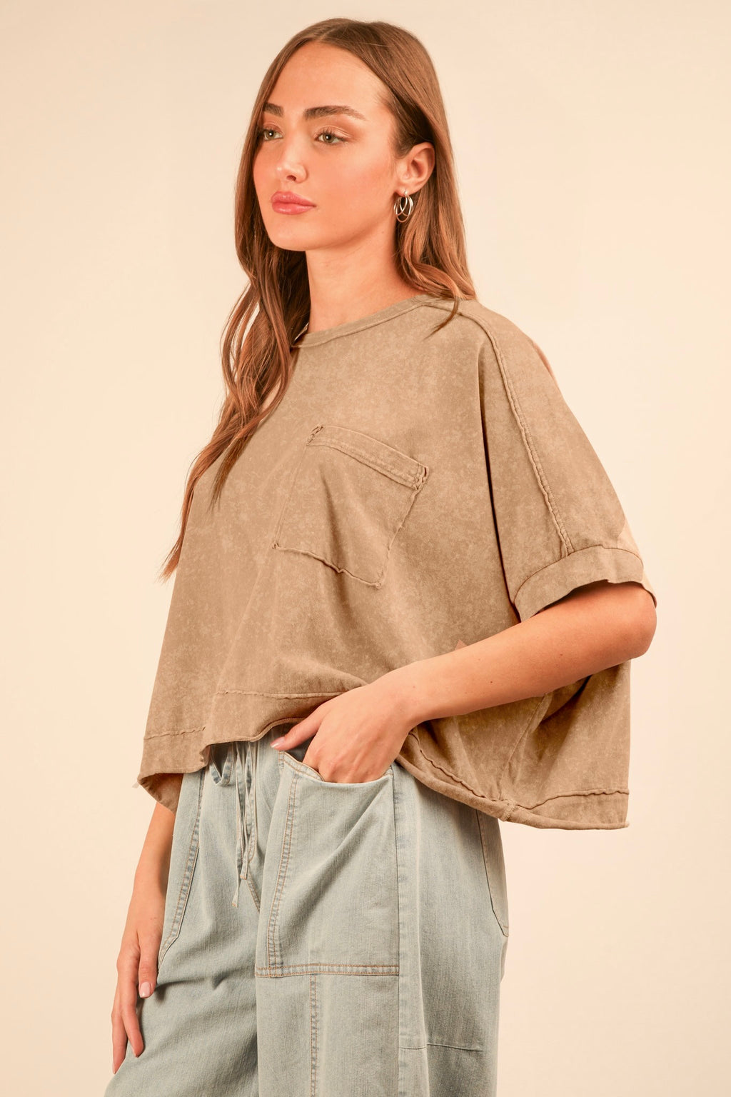 women's cropped tan taupe basic tee