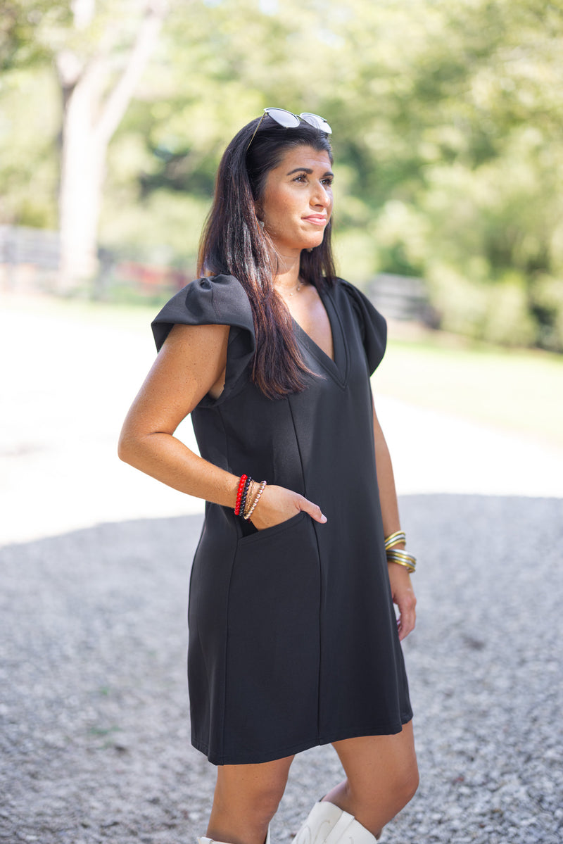 timeless black short sleeve shift dress