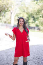 red shift dress with pockets