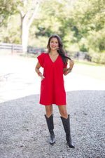 red shift dress with pockets