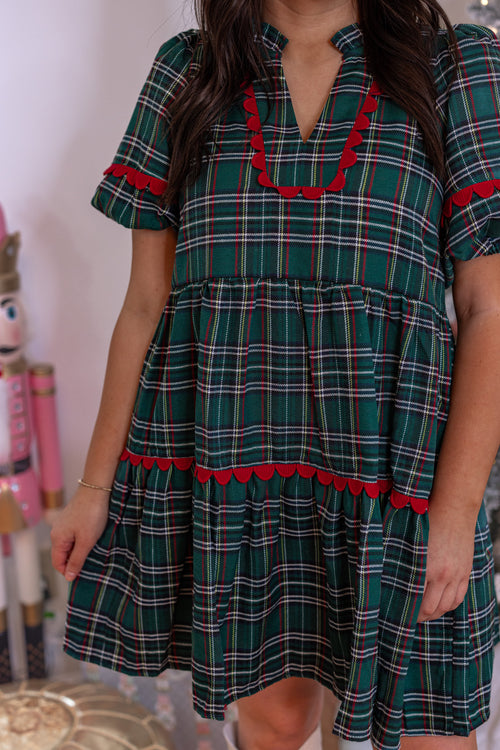 green red plaid scalloped trim babydoll dress