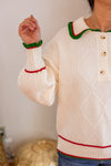 ivory red green trim 90s style sweater