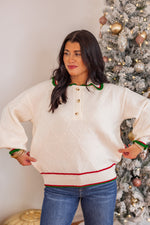 ivory red green trim 90s style sweater