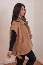 oversized brown sherpa teddy vest