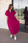 plum textured bubble sleeve midi dress