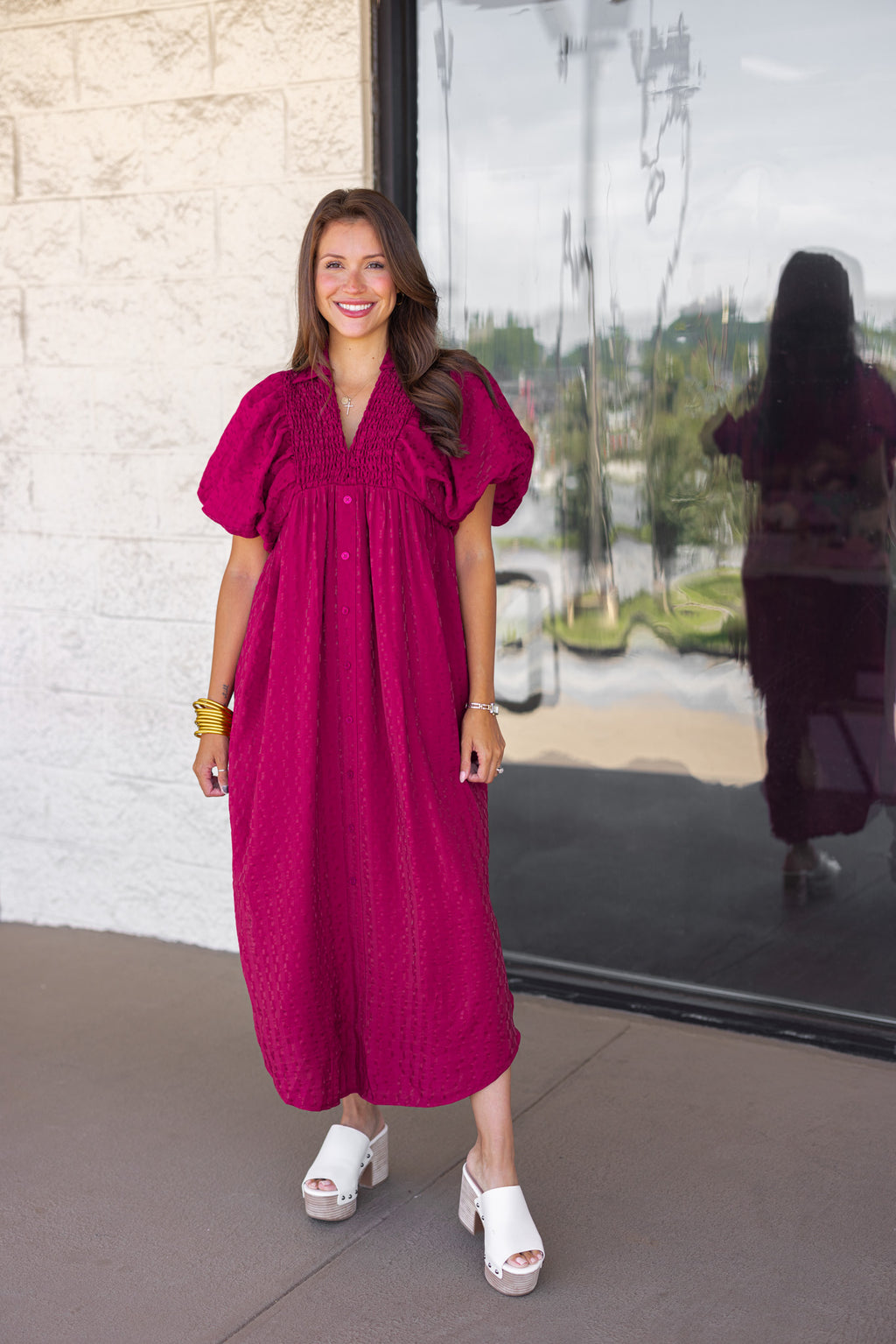 plum textured bubble sleeve midi dress