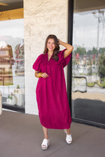 plum textured bubble sleeve midi dress