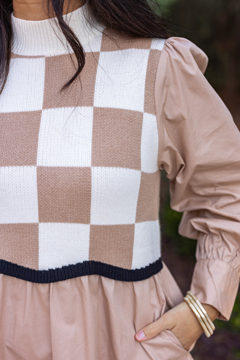 taupe white gingham sweater dress